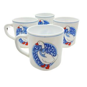 Goose Print Coffee Mug Vintage Arcopal France White Blue Ribbon Set Of Four